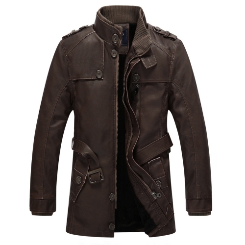 

Men Long Style Leather Jacket Coat (Color:Brown Size:XXXXL)