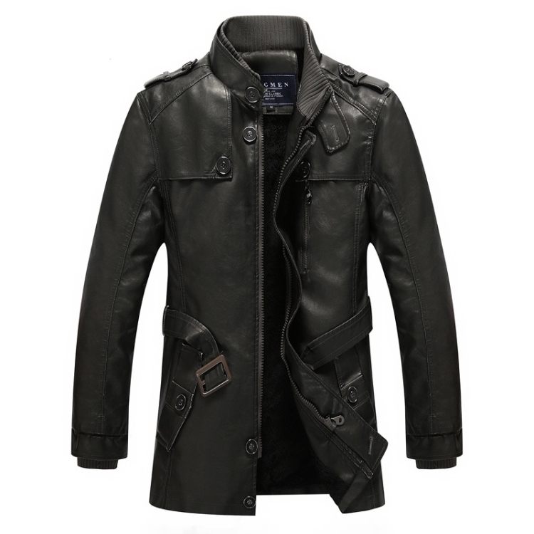 

Men Long Style Leather Jacket Coat (Color:Black Grey Size:XL)