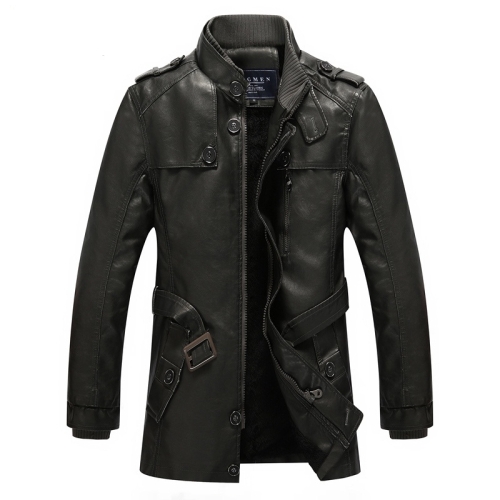 

Men Long Style Leather Jacket Coat (Color:Black Grey Size:XXXXL)