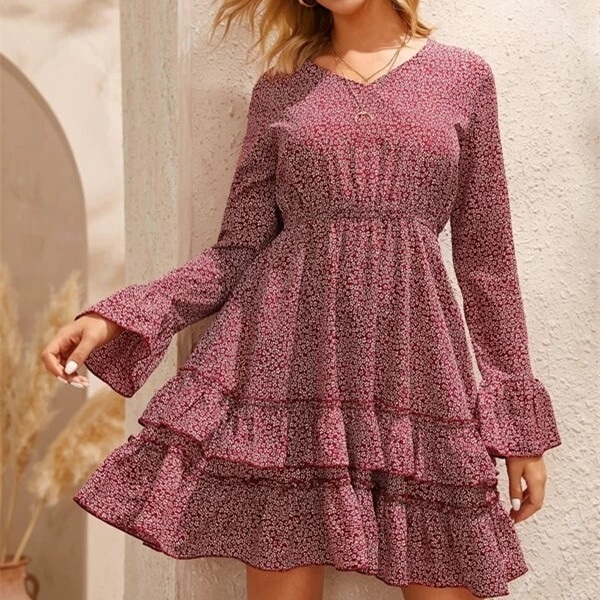 Floral Frill Sleeve Layered Skirt Dress 