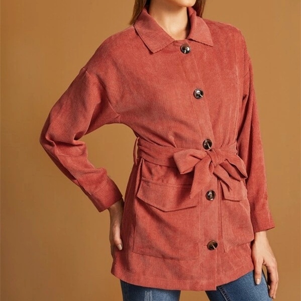 

Women Pocket Corduroy Long Sleeve Coat (Color:Red Size:S)