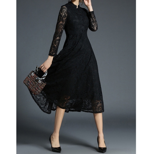 

Slim Retro Dress With Long Jacquard Lace Dress (Color:Black Size:M)