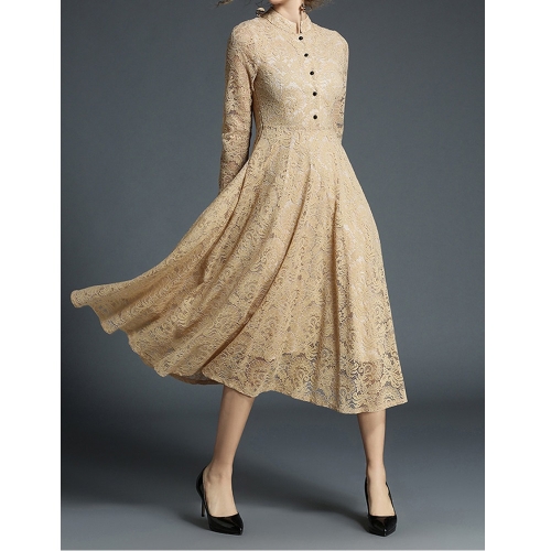 

Slim Retro Dress With Long Jacquard Lace Dress (Color:Khaki Size:S)