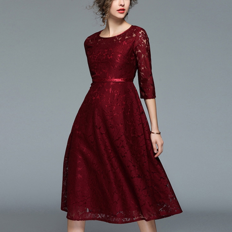 Slim Lace Large Swing Dress (Color:Wine 