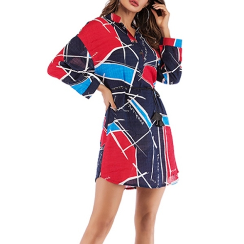 

Geometric Contrast Long Sleeve Print Shirt with Belt (Color:Red Size:L)