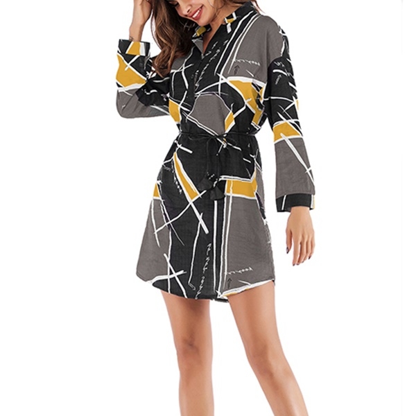 

Geometric Contrast Long Sleeve Print Shirt with Belt (Color:Yellow Size:L)