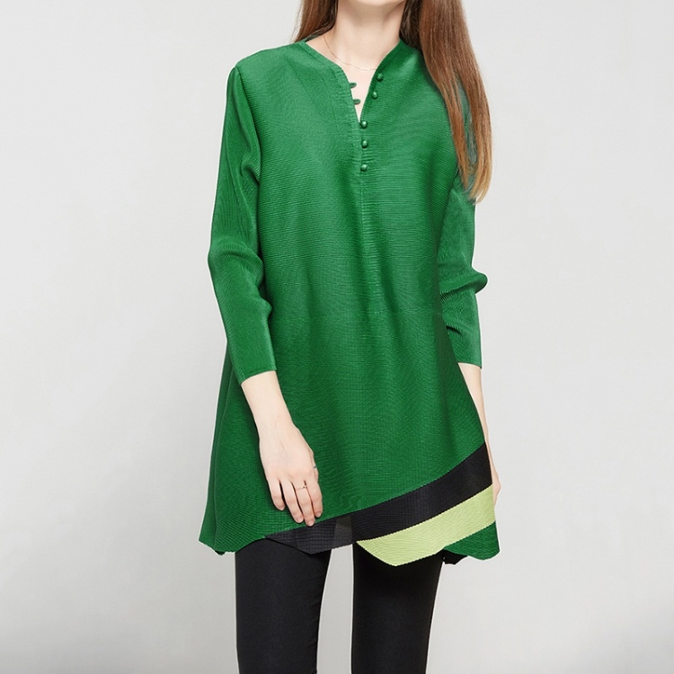 

Fashion Stand-up Collar Loose Pleated Temperament Sleeve Dress(Color:Green Size:One Size)