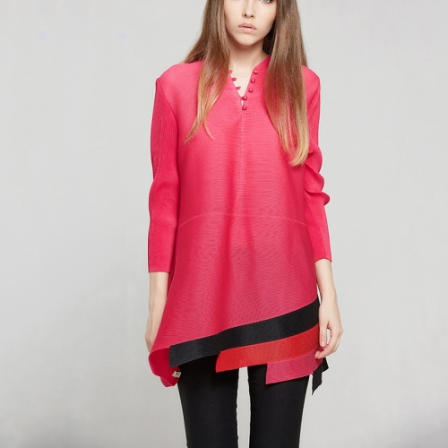 

Fashion Stand-up Collar Loose Pleated Temperament Sleeve Dress(Color:Rose Red Size:One Size)