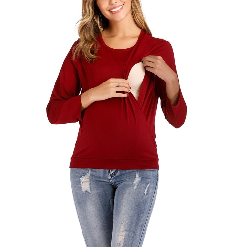 

Round Neck Long Sleeve Nursing Maternity Long Sleeve Blouse (Color:Red Size:S)