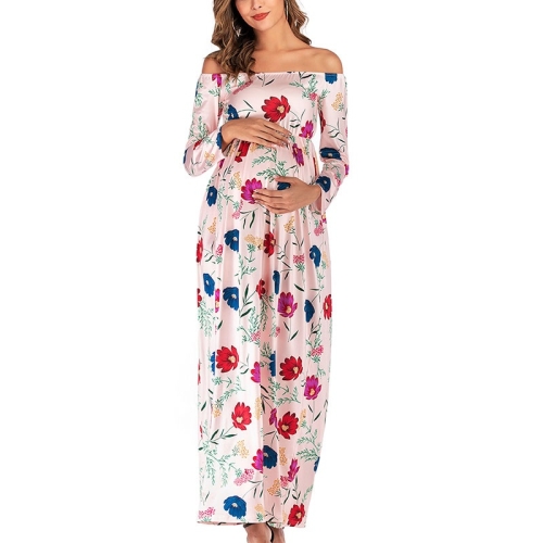 Vestido de maternidad de manga larga con hombros descubiertos (Color: Rosa Talla: XXL) Vestido de maternidad de manga larga con hombros descubiertos (Color: Rosa Talla: XXL)