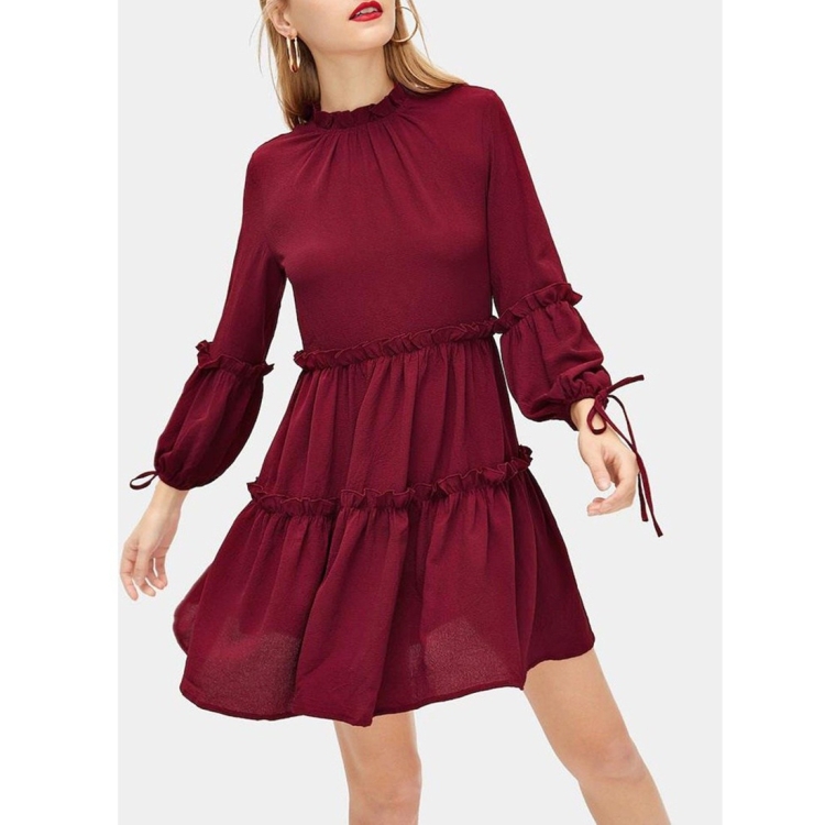 

Long Sleeve Cake Skirt Dress (Color:Wine Red Size:M)