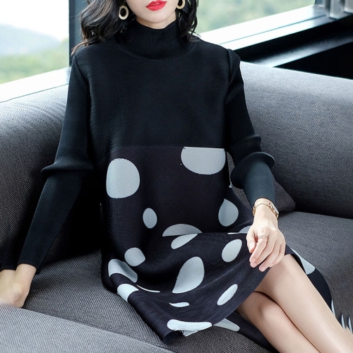 

Polka Dot Long-sleeved High-necked Fashion Temperament Loose A-line Dress (Color:Black Size:One Size)