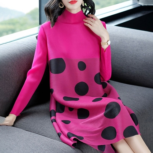 

Polka Dot Long-sleeved High-necked Fashion Temperament Loose A-line Dress (Color:Rose Red Size:One Size)
