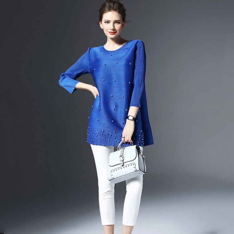 

Simple Beaded Dress Loose Folds Sleeve (Color:Blue Size:One Size)