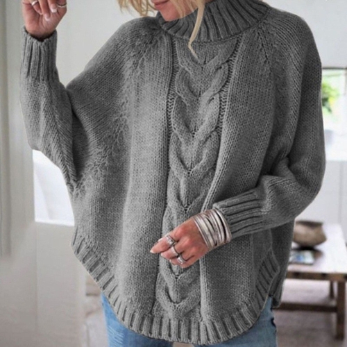 Women Loose Bat Sleeve Turtleneck Knit Sweater (Color:Grey Size:XL)