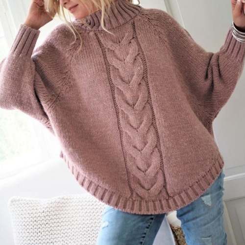 

Women Loose Bat Sleeve Turtleneck Knit Sweater (Color:Pink Size:M)