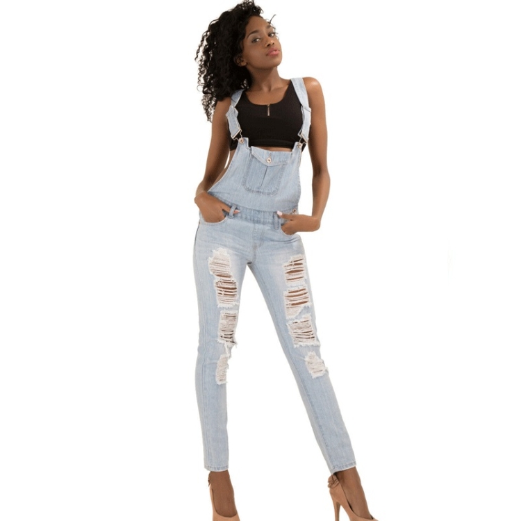 Cotton Ripped Slim Fit Denim Overalls 