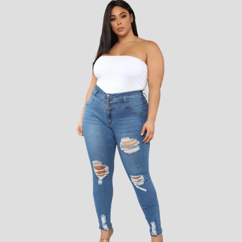 Plus Size High Ripped Jeans Blue Size:XL)