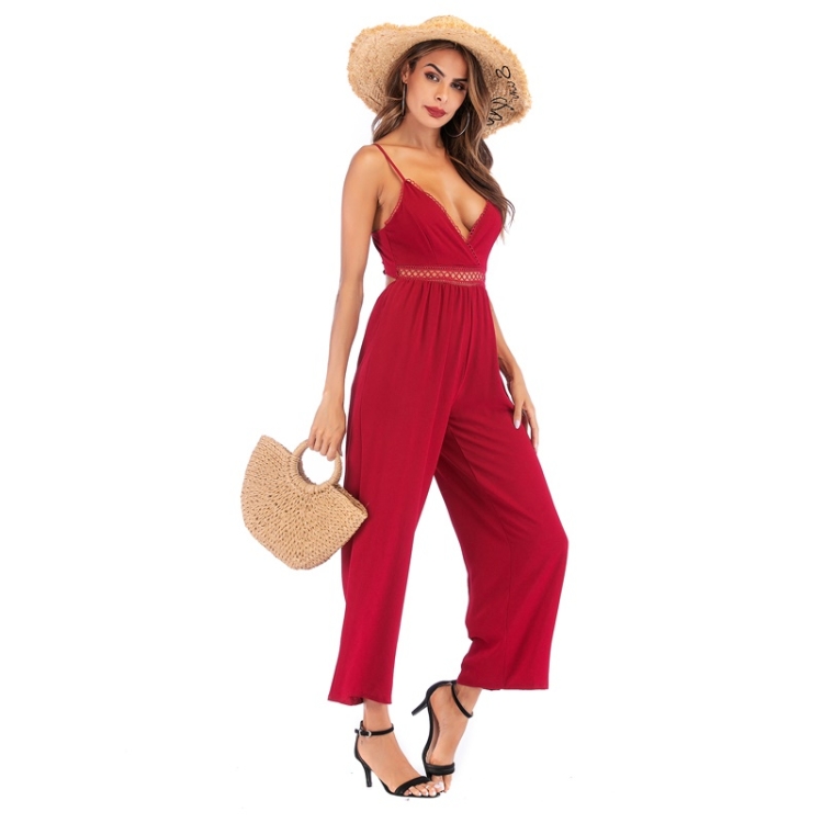 Sin mangas con espalda descubierta Sexy con cuello en V Tirantes huecos  Cintura elástica Pantalones largos