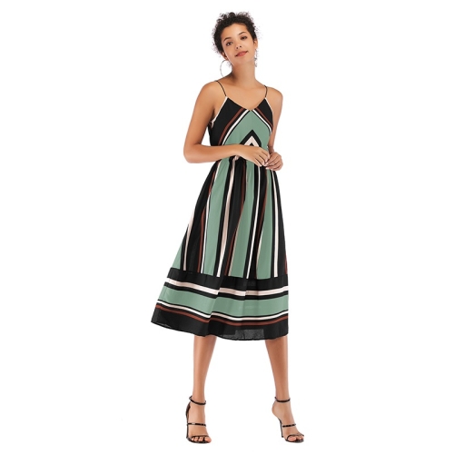 

Summer Striped Chiffon Swing Skirt Suspender Dress for Ladies (Color:Bean Green Size:XL)