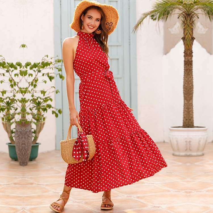 

Sleeveless Hanging Neck Printed Chiffon Dress (Color:Red Size:M)