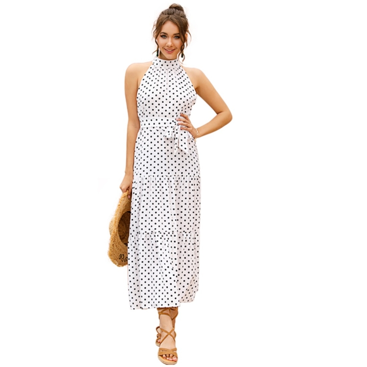 

Sleeveless Hanging Neck Printed Chiffon Dress (Color:White Size:S)