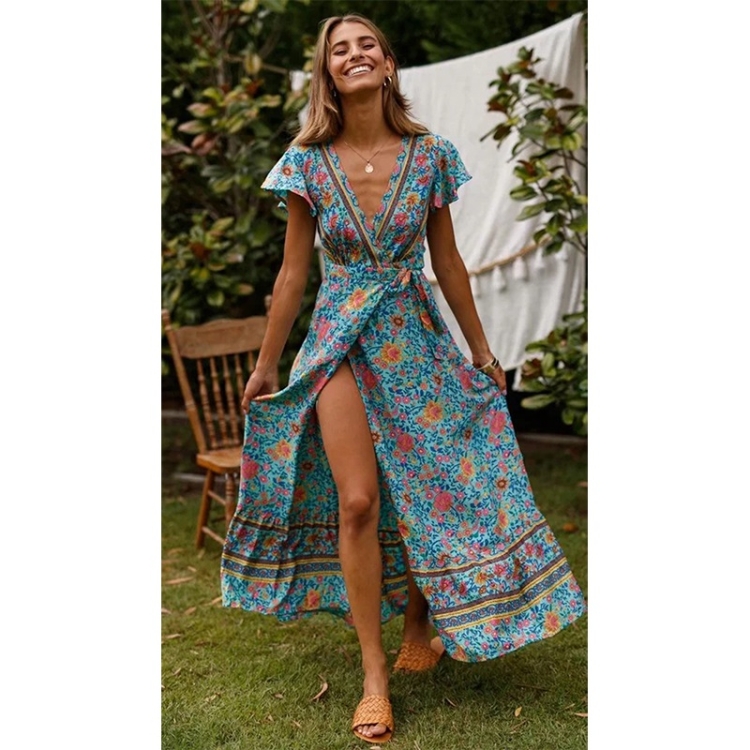 

V-neck Cardigan Lace-up Printed Beach Dress (Color:Lake Blue Size:XL)