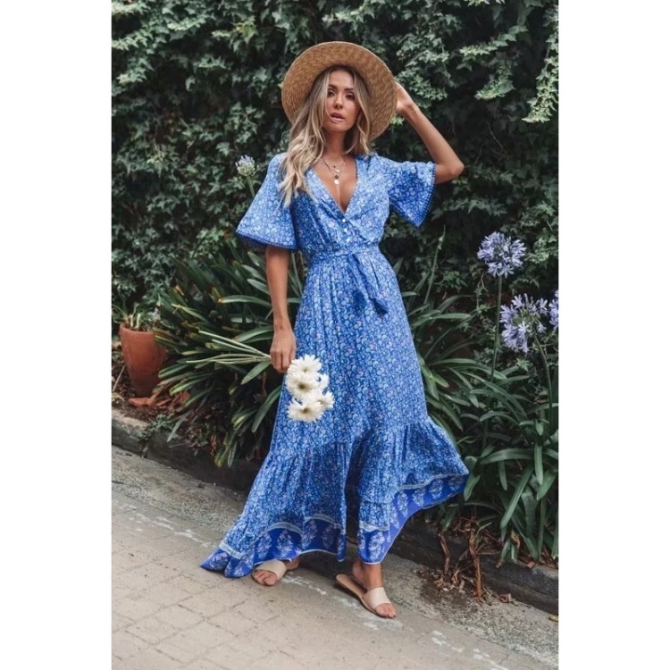 

V-neck Beach Holiday Lace-up Print Dress (Color:Royal Blue Size:L)
