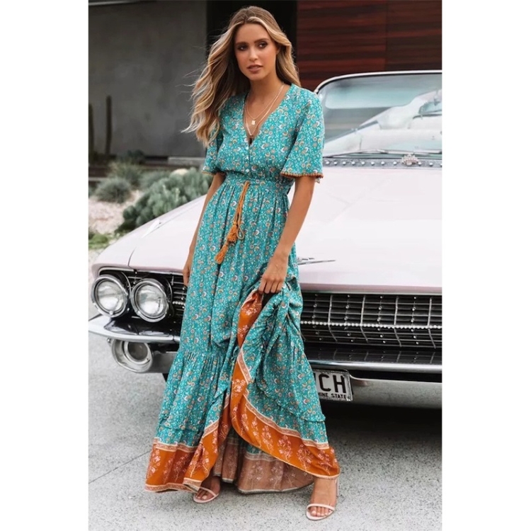 

V-neck Beach Holiday Lace-up Print Dress (Color:Lake Blue Size:S)