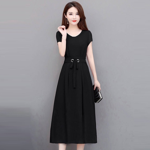 

Mid-length Over-the-knee Long Skirt With Belt Slim Slim A-line Dress (Color:Black Size:Free Size)