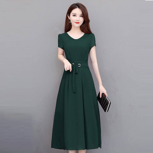 

Mid-length Over-the-knee Long Skirt With Belt Slim Slim A-line Dress (Color:Green Size:Free Size)