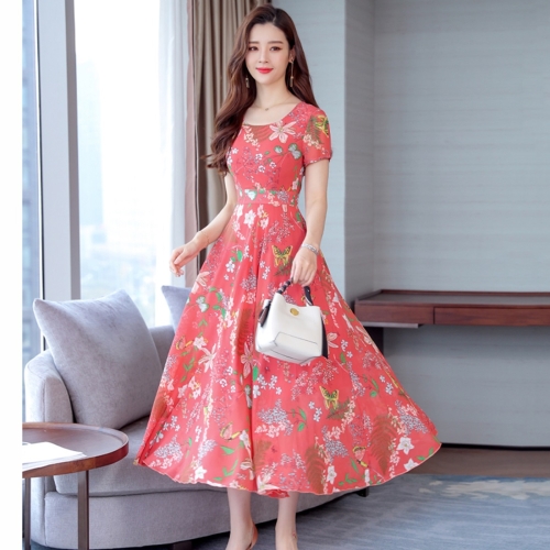 

Round Neck Pleated Waist Fashionable Print Dress (Color:Red Size:XL)