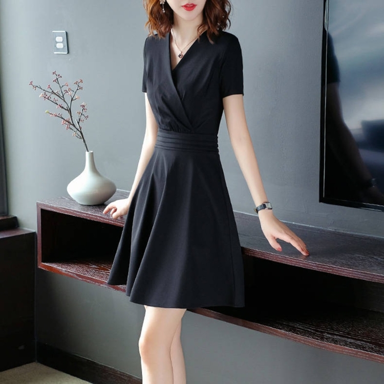 

V-neck Short Sleeve Mid Length Slim Elegant Dress (Color:Black Size:XXL)