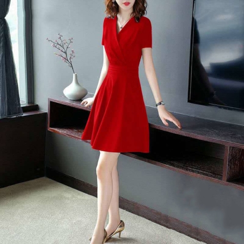 

V-neck Short Sleeve Mid Length Slim Elegant Dress (Color:Red Size:XXL)