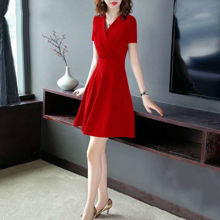 

V-neck Short Sleeve Mid Length Slim Elegant Dress (Color:Red Size:XXXL)