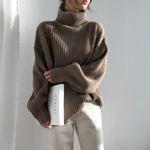 Suéter casual de color sólido con cuello alto y ropa exterior (Color: Café Tamaño: Tamaño libre)