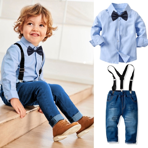 Camisa de manga larga para niños + Tirantes y pantalones de mezclilla Traje  de dos piezas (Color: Azul Talla: 80)