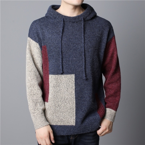 

Colorblock Knit Long Sleeve Hoodie Loose Pullover for Men (Color:Blue Size:M)