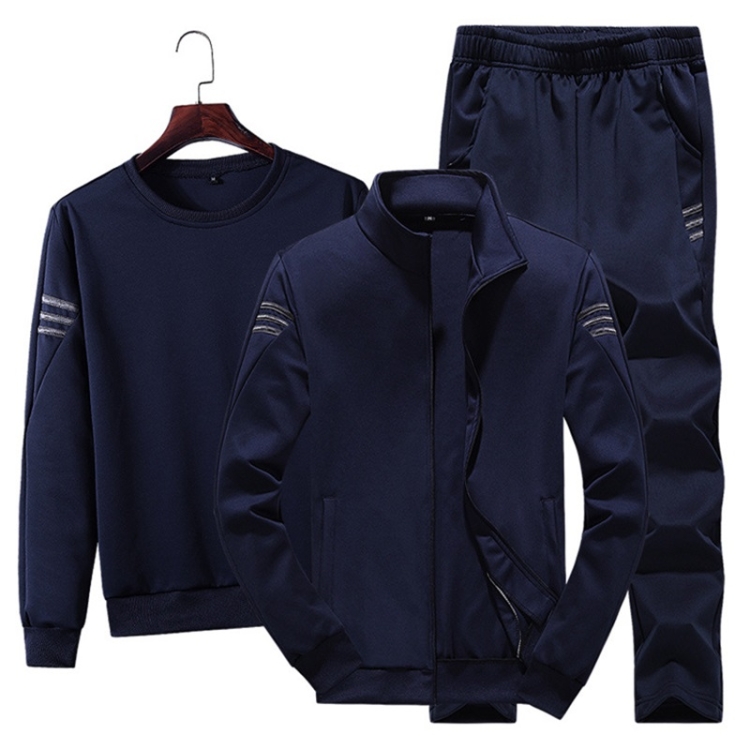 

3 in 1 Autumn Thin Velvet Round Neck Bottoming Shirt + Stand Collar Cardigan Jacket + Trousers Casual Sports Suit for Men (Color:Dark Blue Size:M)