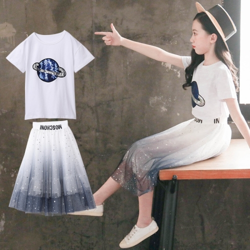 Girls Short Sleeve Top + Skirt Two-piece Suit (Color:White ...