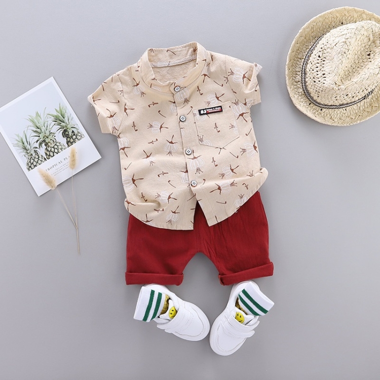 

Summer Childrens Short-sleeved Suit Shirt Two-piece Suit (Color:Beige Size:90)