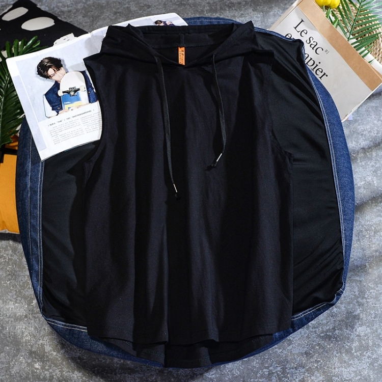 

Casual Sleeveless T-shirt Hooded Vest Loose Cotton Waistcoat Sports Vest (Color:Black Size:XL)