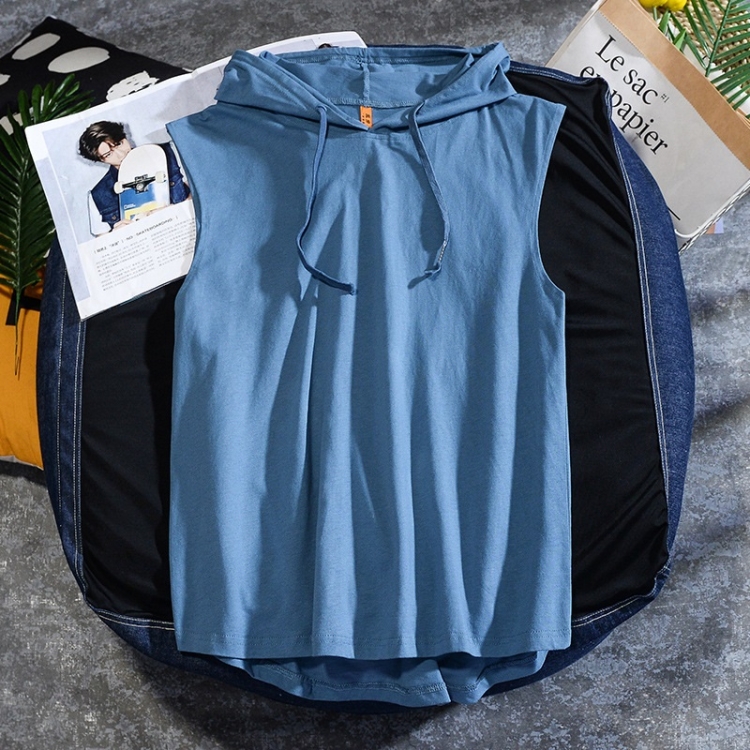 

Casual Sleeveless T-shirt Hooded Vest Loose Cotton Waistcoat Sports Vest (Color:Blue Size:XL)