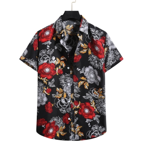 

Summer Casual Chelsea Collar Flower Print Pattern Short-sleeved Shirt for Men (Color:Black Size:L)