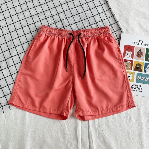 Summer Loose Casual Solid Color Shorts Polyester Drawstring Beach Shorts  for Men (Color:Watermelon Red Size