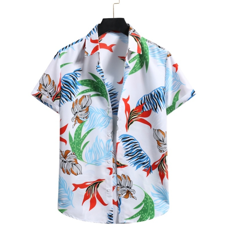 

Summer Casual Lapel Plant Print Pattern Short-sleeved Shirt for Men (Color:White Size:XL)