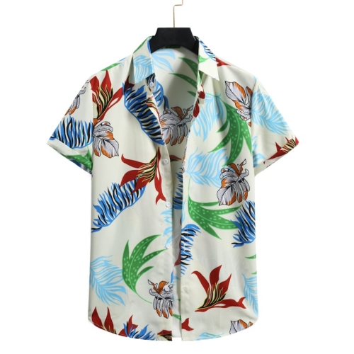 

Summer Casual Lapel Plant Print Pattern Short-sleeved Shirt for Men (Color:Light Yellow Size:L)