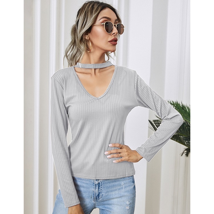 

V-neck Fashion Tight-fitting Long-sleeved Top (Color:Gray Size:S)