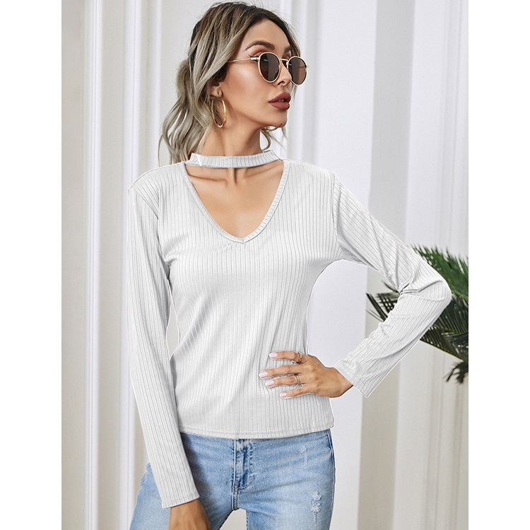 

V-neck Fashion Tight-fitting Long-sleeved Top (Color:White Size:L)