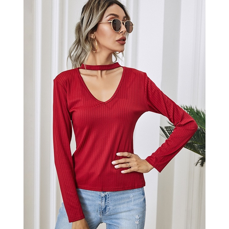 

V-neck Fashion Tight-fitting Long-sleeved Top (Color:Wine Red Size:S)
